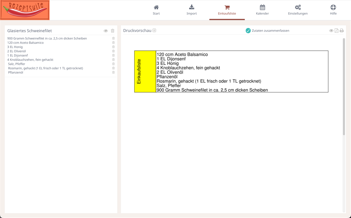 Einkaufsliste in RezeptSuite Desktop
