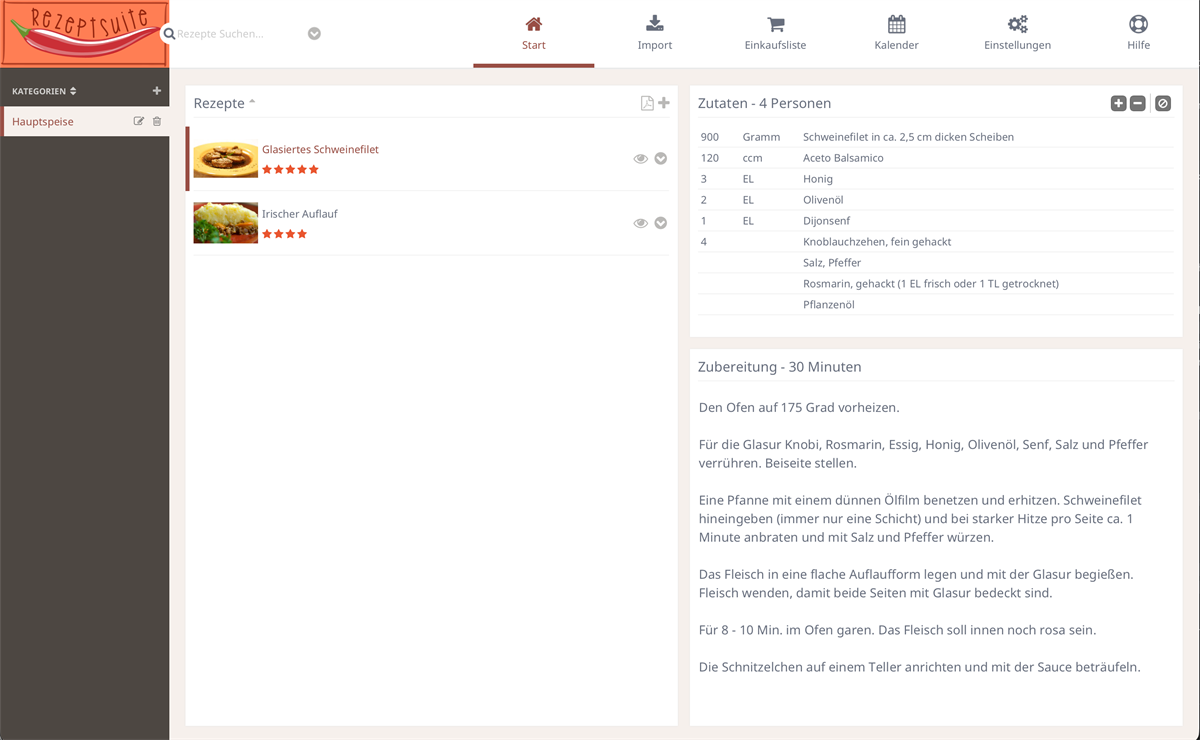 RezeptSuite Desktop mit Rezeptliste, Zutaten und Zubereitung
