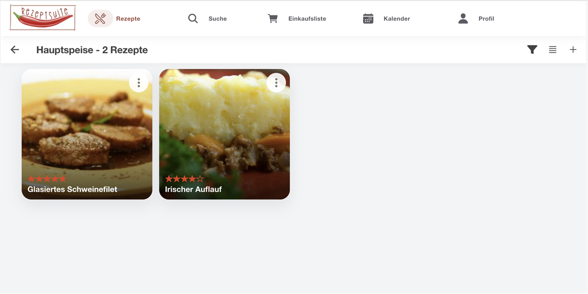 RezeptSuite Cloud showing two recipes in the recipe overview