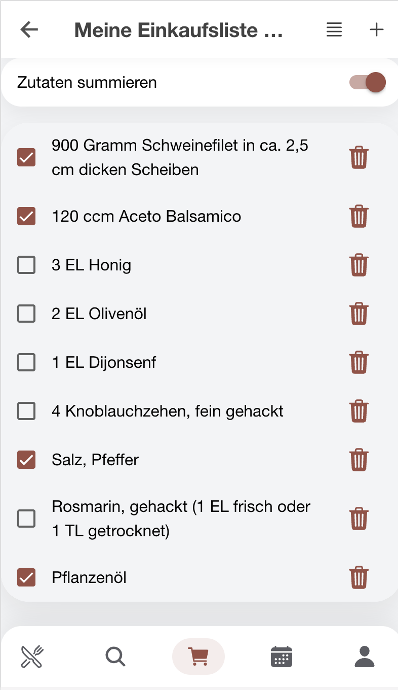 Shopping list in RezeptSuite Cloud on a smartphone