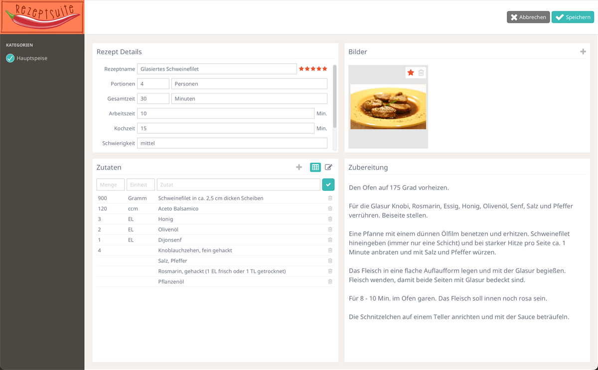 Editing imported recipe data in RezeptSuite Desktop before saving