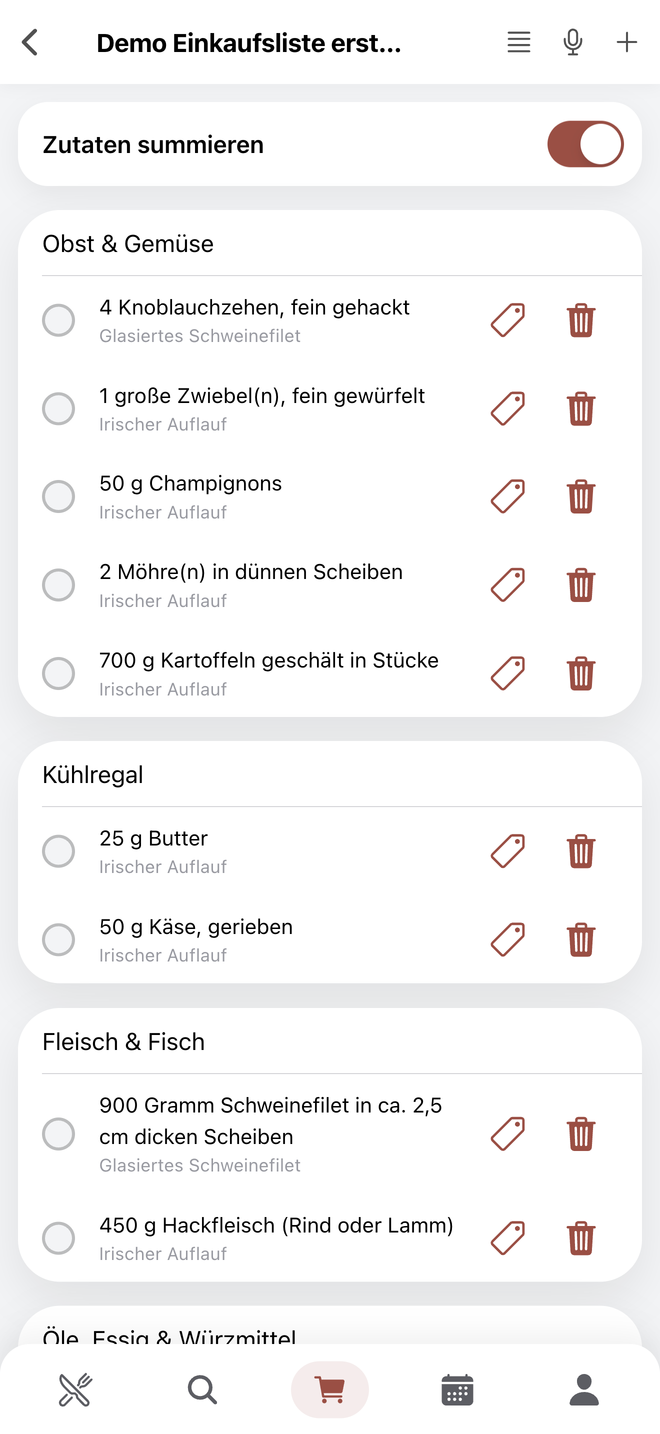 Zutaten nach Einkaufsbereichen sortiert und zum Abhaken bereit